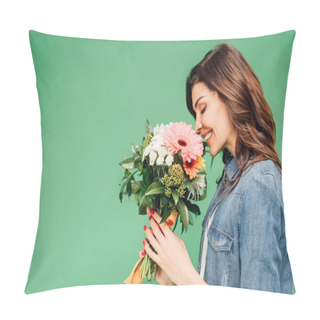 Personality  Smiling Woman Holding And Sniffing Flower Bouquet Isolated On Green Pillow Covers