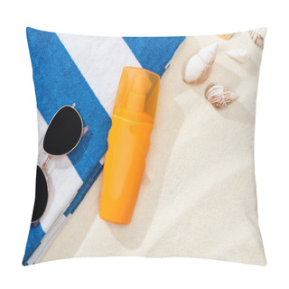 Personality  Orange Bottle Of Sunscreen On Sand With Seashells, Striped Towel And Sunglasses Pillow Covers