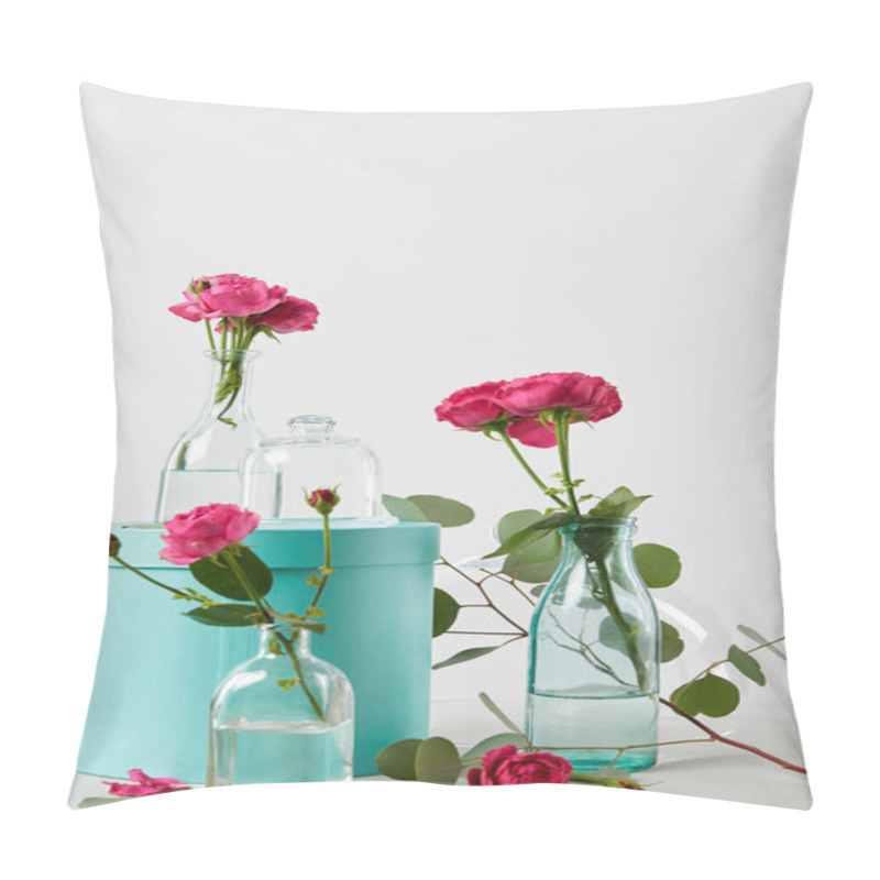 Personality  Eucalyptus And Pink Roses In Transparent Bottles With Turquoise Gift Box And Bell Jar Isolated On White Pillow Covers