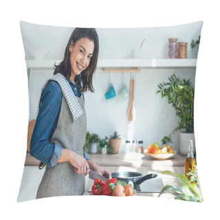 Personality  Shot Of Healthy Young Woman Cutting Fresh Vegetables While Cooking Healthy Food In The Kitchen At Home. Pillow Covers