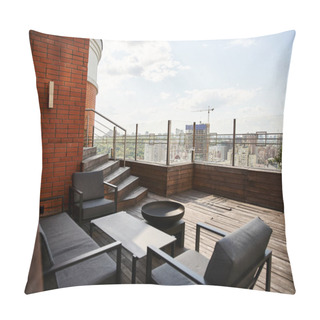 Personality  A Cozy Balcony Setting With Two Chairs And A Table, Overlooking A Bustling Cityscape Below Pillow Covers