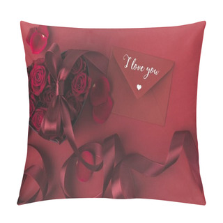 Personality  Top View Of Roses In Heart Shaped Gift Box With Ribbon And Envelope Isolated On Red, St Valentines Day Holiday Concept Pillow Covers