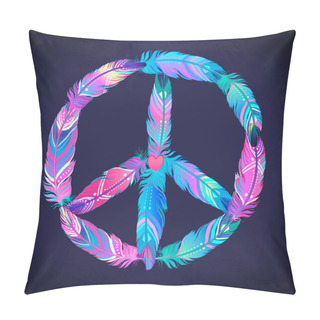 Personality  Peace Sign Made Of Colored Bird Feathers. Hippie Symbol. Sixties Pillow Covers