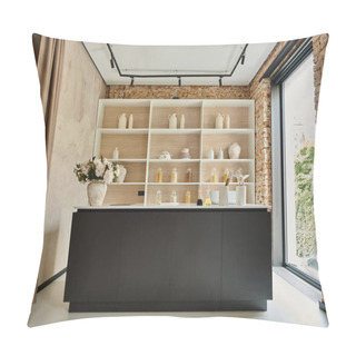 Personality  Stylish Interior Of Modern Luxury Kitchen, Blooming Flowers In Vase, Glass Bottles On Countertop Pillow Covers