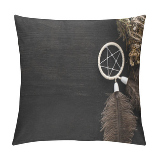 Personality  Top View Of Herbal Smudge Sticks And Dreamcatcher On Dark Wooden Surface Pillow Covers
