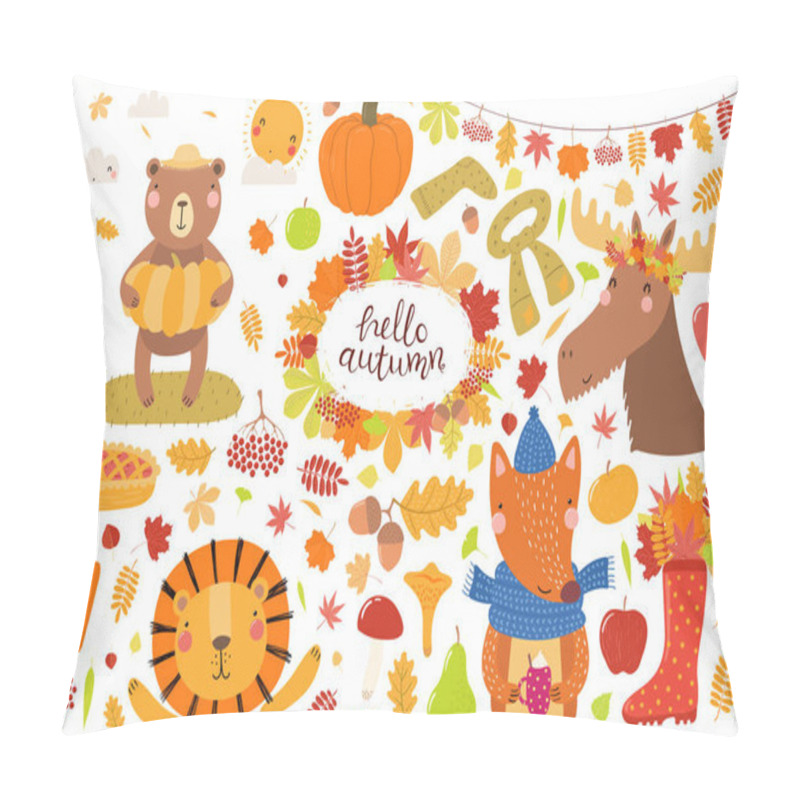 Personality  Big autumn set with cute animals and leaves with food Isolated on white background, Hand drawn vector illustration in Scandinavian style flat design, Concept for kids print pillow covers