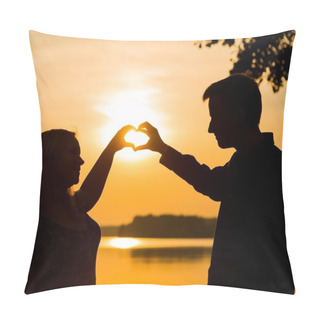 Personality  Couple Doing Heart Shape With Their Hands On Lake Shore.  Pillow Covers