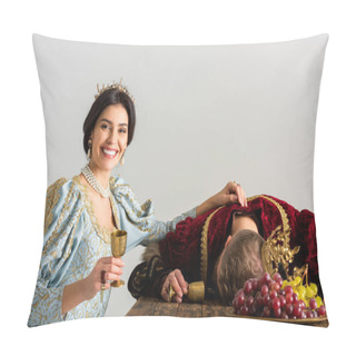 Personality  Smiling Queen With Crown Poisoning King Isolated On Grey Pillow Covers