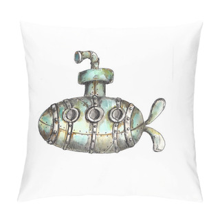 Personality  Watercolor Hand Drawn Artistic Retro Steampunk Vehicle Vintage Icon  Isolated On White Background Pillow Covers