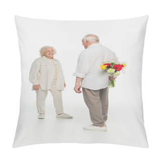 Personality  Elderly Man Hiding Bouquet Of Flowers Behind Back Near Smiling Wife On White Pillow Covers