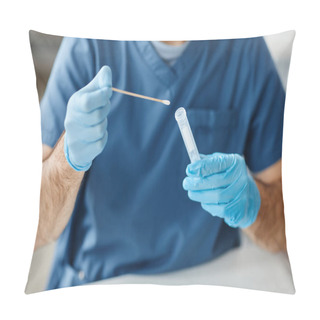 Personality  Unrecognizable Medical Worker Wearing Protective Latex Gloves Taking Out Stick From Tube To Do Swab Test Pillow Covers