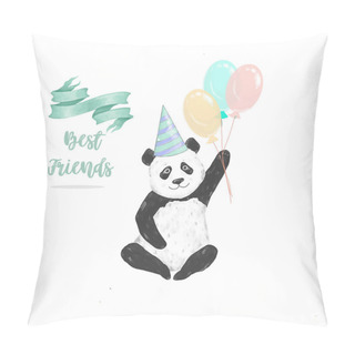 Personality  Happy Birthday Card Design With Cute Panda Bear And Boho Flowers And Floral Bouquets Illustration. Watercolor Clip Art For Greeting, Invite Celebration Card. Funny Asian Bear. Zoo Card Pillow Covers