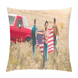 Personality  Group Of Young Friends With United States Flag In Flower Field During Road Trip Pillow Covers