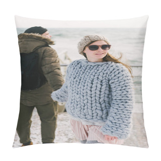Personality  Stylish Girl In Merino Wool Sweater Holding Hands With Boyfriend On Winter Quay At The Sea Pillow Covers