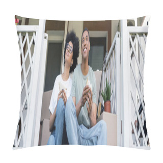 Personality  Pleased African American Couple Holding Tasty Sandwiches On Porch Of New House, Real Estate, Banner Pillow Covers