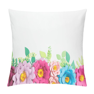Personality  Top View Of Colorful Paper Flowers And Green Leaves On Grey Background Pillow Covers