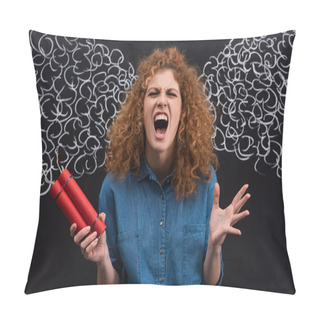 Personality  Angry Redhead Woman Shouting And Holding Dynamite, With Steam Drawing On Blackboard Pillow Covers