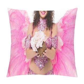 Personality  Cropped Image Of Woman In Carnival Costume Holding Coconut With Flowers And Hands, Isolated On White Pillow Covers