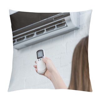 Personality  Cropped Shot Of Woman Pointing At Air Conditioner With Remote Control Pillow Covers