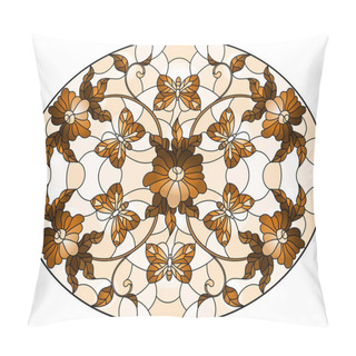 Personality  Illustration In Stained Glass Style With Abstract Curly  Flowers And  Butterflyes On A Brown Background , Oval Image,sepia Pillow Covers