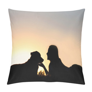 Personality  Silhouette Of Girl Laying In The Grass With Her Dog Pillow Covers