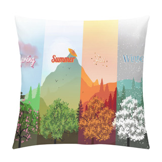 Personality Four Seasons Banners With Abstract Forest And Mountains - Vector Illustration Pillow Covers