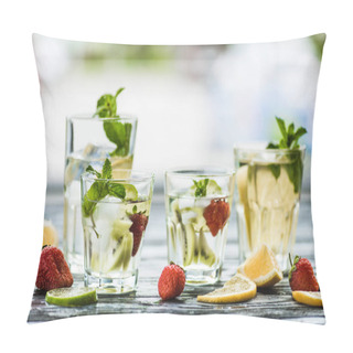 Personality  Close-up View Of Glasses With Fresh Cold Summer Beverages On Wooden Table Pillow Covers