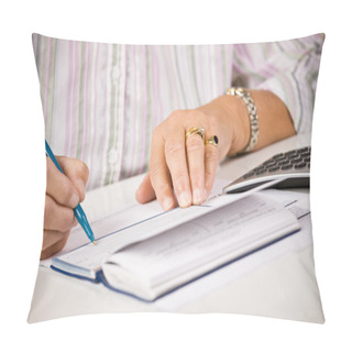 Personality  Senior Woman Writing Checks Pillow Covers