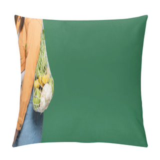 Personality  Cropped View Of Woman With Overweight And Net Bag With Fresh Food Isolated On Green, Banner  Pillow Covers