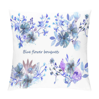 Personality  Set Of Watercolor Bouquets With Blue Flowers And  Leaves Pillow Covers