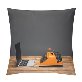 Personality  Laptop With Blank Screen Near Typewriter On Wooden Desk Isolated On Grey Pillow Covers