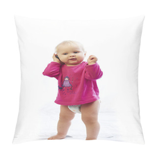 Personality  Baby Is Playing With Phone Over White Background Pillow Covers