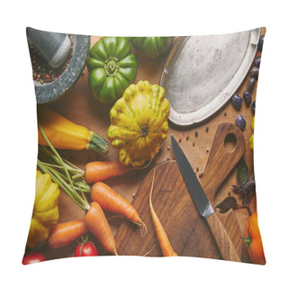 Personality  Vegetables And Cooking Utensils On Wooden Table Pillow Covers