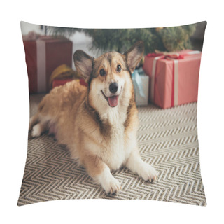Personality  Cute Welsh Corgi Dog Lying Under Christmas Tree With Presents Pillow Covers