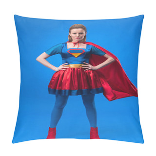 Personality  Beautiful Confident Woman In Superhero Costume Standing Akimbo Isolated On Blue Pillow Covers