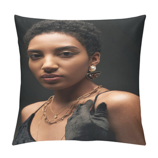 Personality  Young And Short Haired African American Woman With Evening Makeup And Golden Accessories Posing In Dress And Glove Isolated On Black, High Fashion And Evening Look Pillow Covers