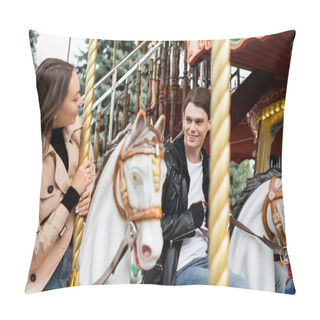 Personality  Cheerful Young Man Looking At Girlfriend Riding Carousel Horse In Amusement Park Pillow Covers