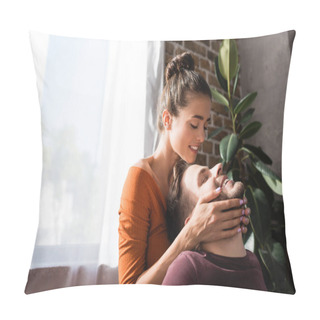 Personality  Tender Woman Touching Face Of Beloved Man With Closed Eyes Pillow Covers