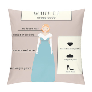 Personality  Woman Dress Code Infographic. White Tie. Female In Evening Long Gown Dress Pillow Covers