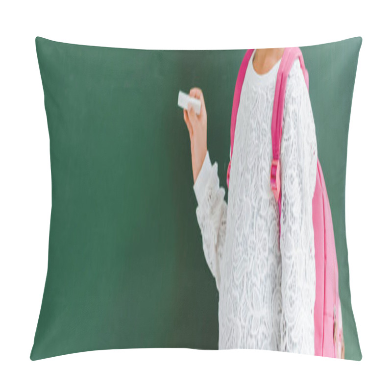 Personality  Panoramic Shot Of Kid With Backpack Holding Chalk  Pillow Covers