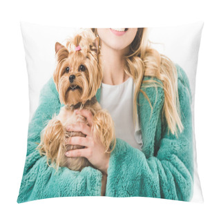 Personality  Young Fashionable Girl Holding Cute Dog Isolated On White Pillow Covers
