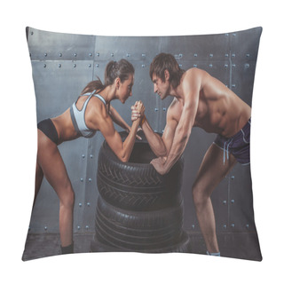 Personality  Athlete Muscular Sportsmen Man And Woman With Hands Clasped Arm Wrestling Challenge Between A Young Couple Crossfit Fitness Sport Training Lifestyle Bodybuilding Concept. Pillow Covers