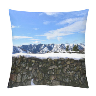 Personality  Winter Landscape With Snowy Stone Wall And Mountains. Lugo, Galicia, Spain. Pillow Covers