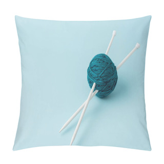 Personality  Close Up View Of Yarn Ball And Knitting Needles On Blue Background Pillow Covers