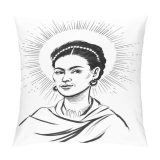 Personality  Mexican Artist Frida Kahlo. Ink Black And White Drawing Pillow Covers