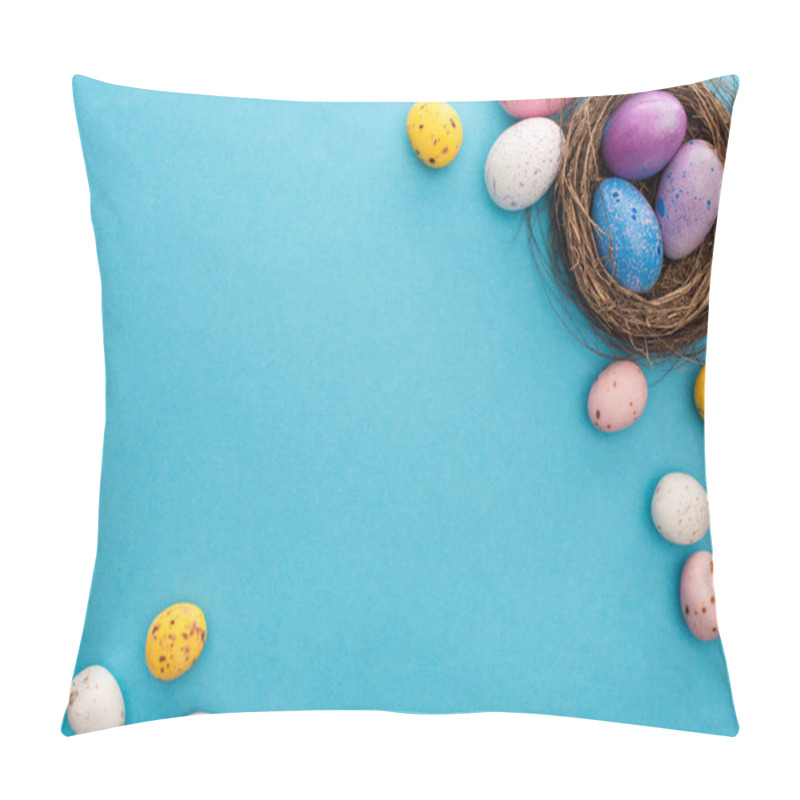 Personality  Top View Of Colorful Chicken And Quail Eggs With Nest On Blue Background Pillow Covers