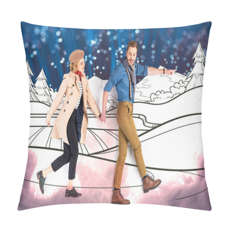 Personality  Elegant Couple Holding Hands And Walking Together With Nature Illustration, Sparkles And Smoke On Background Pillow Covers