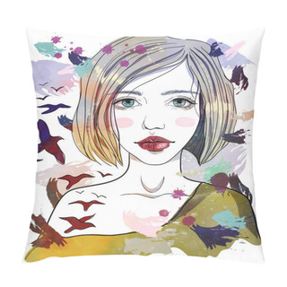 Personality  Portrait Of A Girl With A Birds Tattoo. The Girl-bird With Blond Hair On Abstract Background. Fashion Illustration Pillow Covers