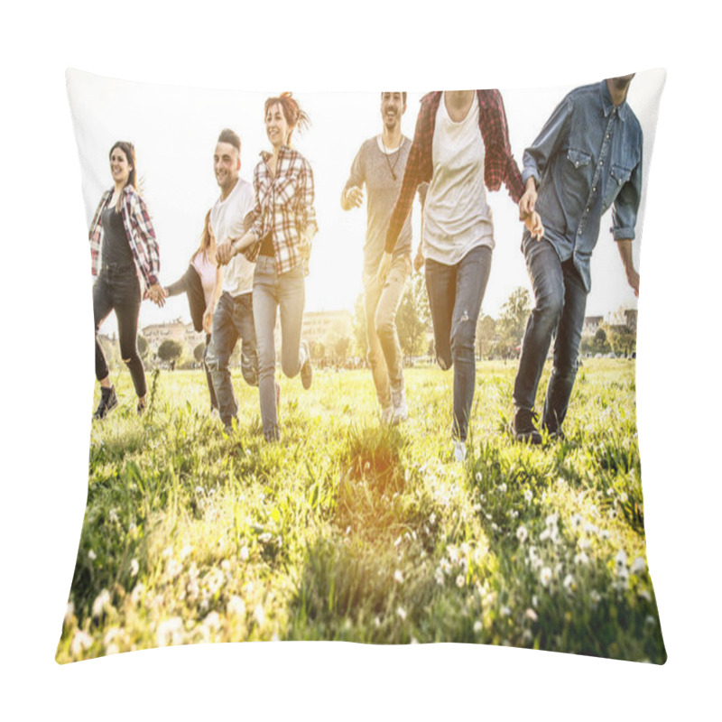 Personality  Friends Running Happily In Grass Pillow Covers