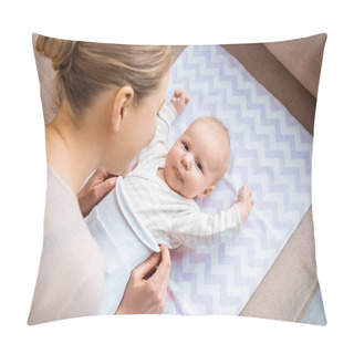Personality  High Angle View Of Mother Putting Clothes On Adorable Infant Baby Pillow Covers